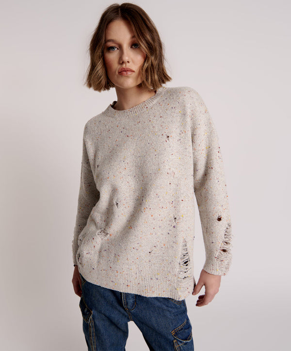 Distressed Fisherman Knit Sweater - Natural