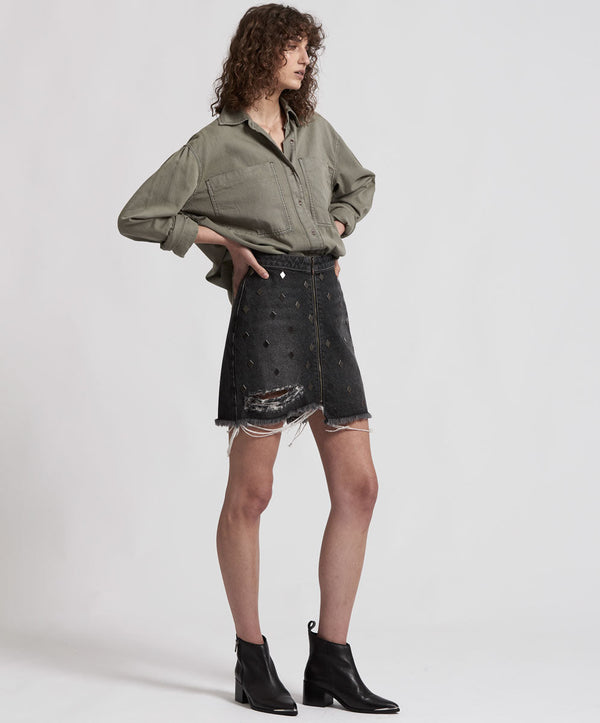 Viper High Waist Button Through Mini Denim Skirt - Black Whiskey