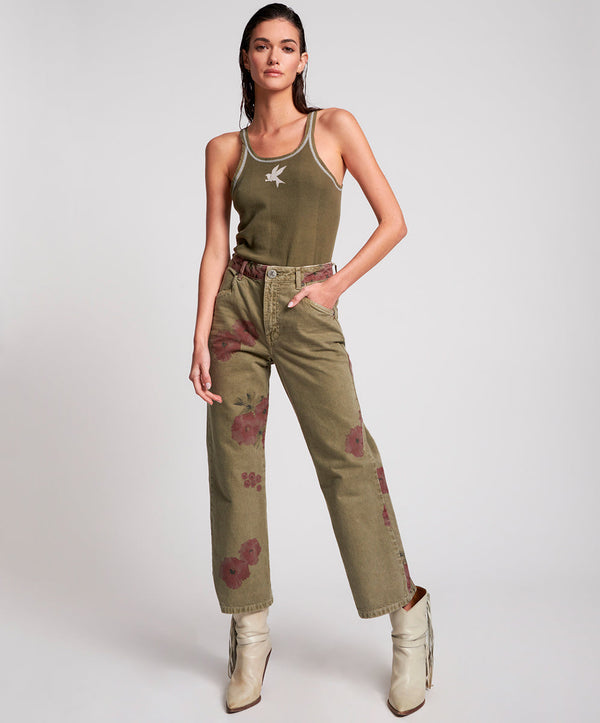 Libertines High Waist Cropped Wide Leg Denim Jeans - Khaki Hibiscus