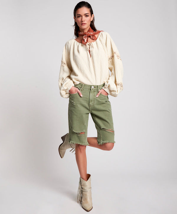 Truckers Mid Waist Long-Length Relaxed Denim Shorts - Super Khaki