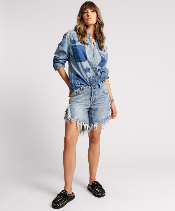 Frankies Low Waist Long Length Denim Shorts - Hollywood