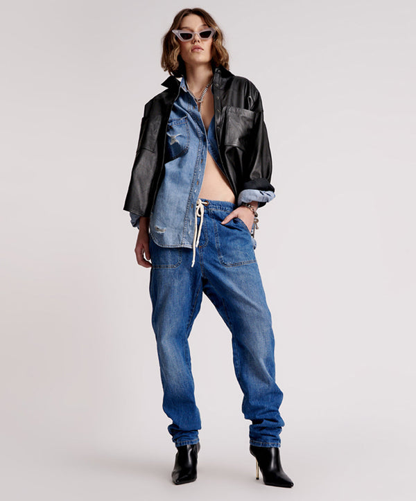 Shabbies Low Waist Drawstring Boyfriend Denim Jeans - Resort Blue