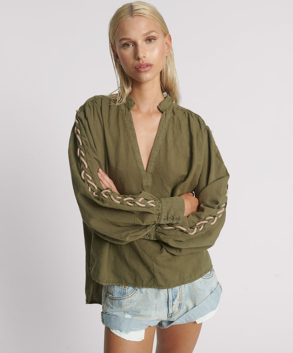 Johnny Linen Lace Up Shirt - Worn Khaki