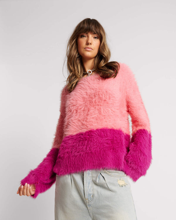 Fluffy Colour Block Sweater - Pink