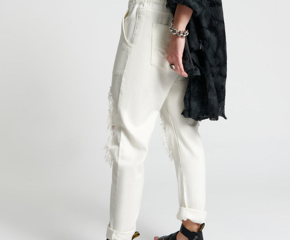 SOFT WHITE SHABBIES DRAWSTRING BOYFRIEND JEANS