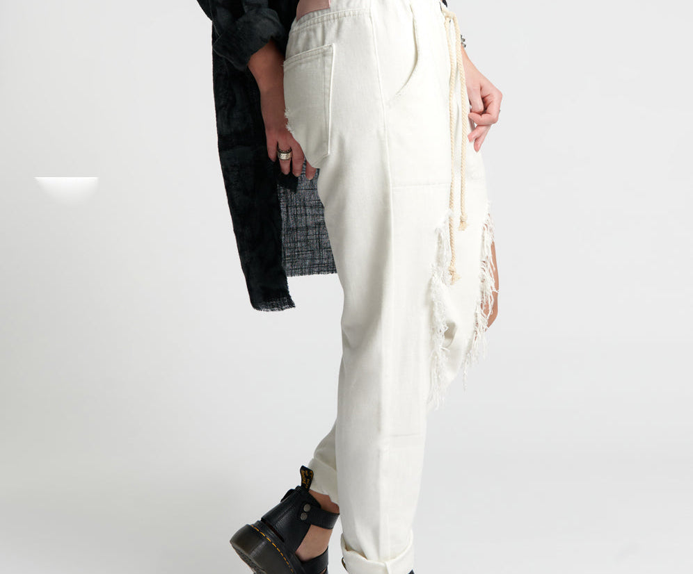 SOFT WHITE SHABBIES DRAWSTRING BOYFRIEND JEANS