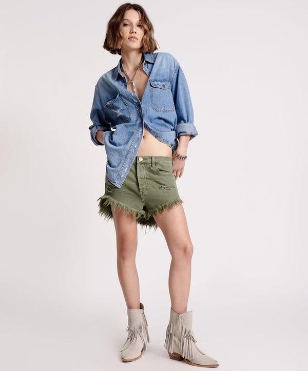 Outlaws Low Waist Mid Length Denim Shorts - Military Khaki