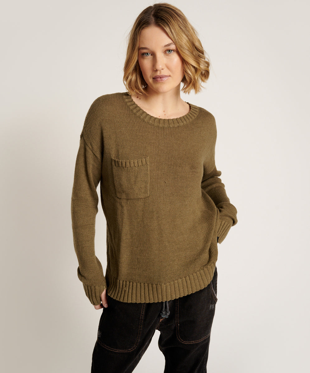 Classic Pocket Chunky Knit Sweater Khaki Khaki