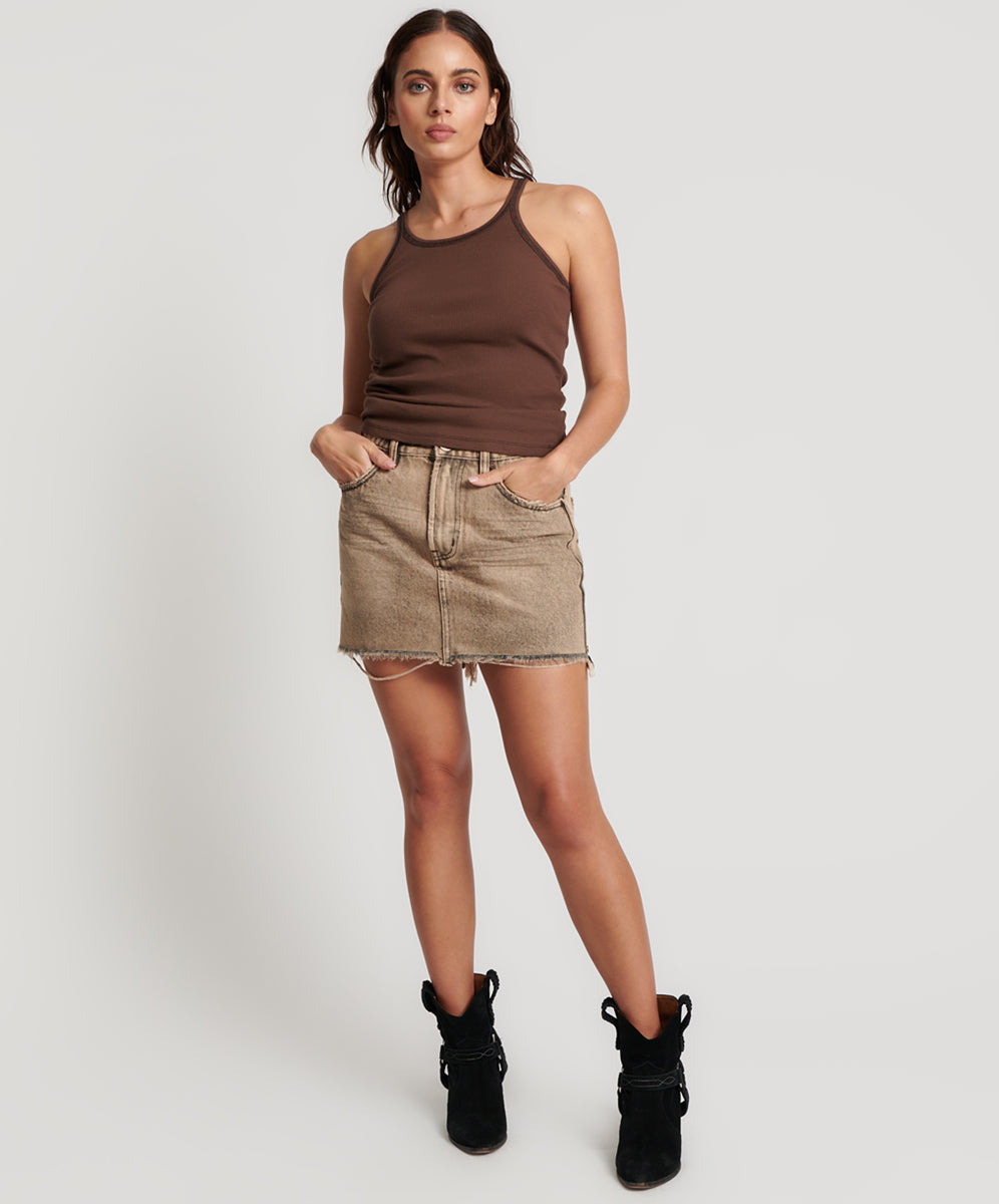 Tan denim outlet skirt and top