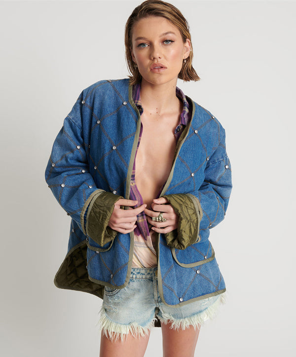 Quilted Crystal Studded Denim Jacket - Bay Blue