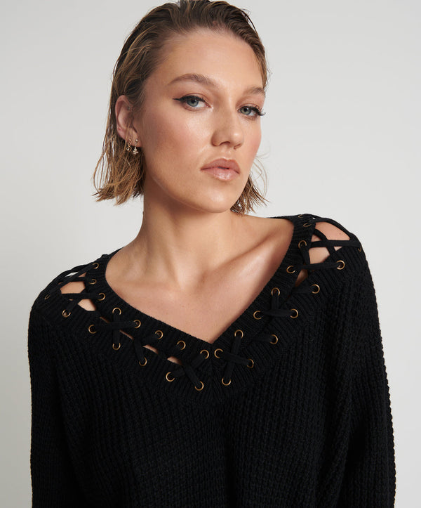 Laced Up Knit Sweater - Black