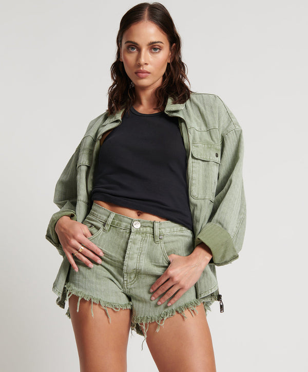 Outlaws Mid Waist Mid Length Denim Shorts - Khaki