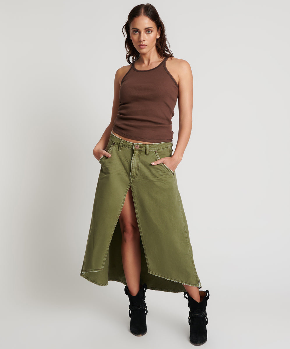 Mrs Carter Low Waist Long Denim Skirt St Khaki One Teaspoon