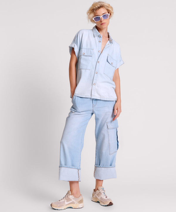 New Fiction Low Waist Wide Leg Cargo Denim Jeans - Cyber Blue