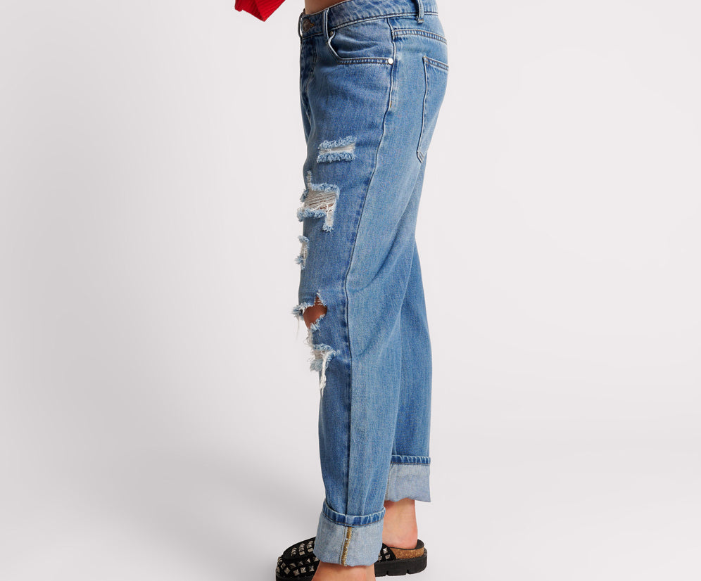 Saints Low Waist Boyfriend Denim Jeans - Midtown Blue