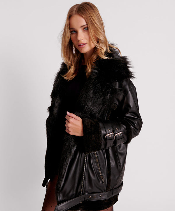 Leather Faux Fur Aviator Jacket - Black