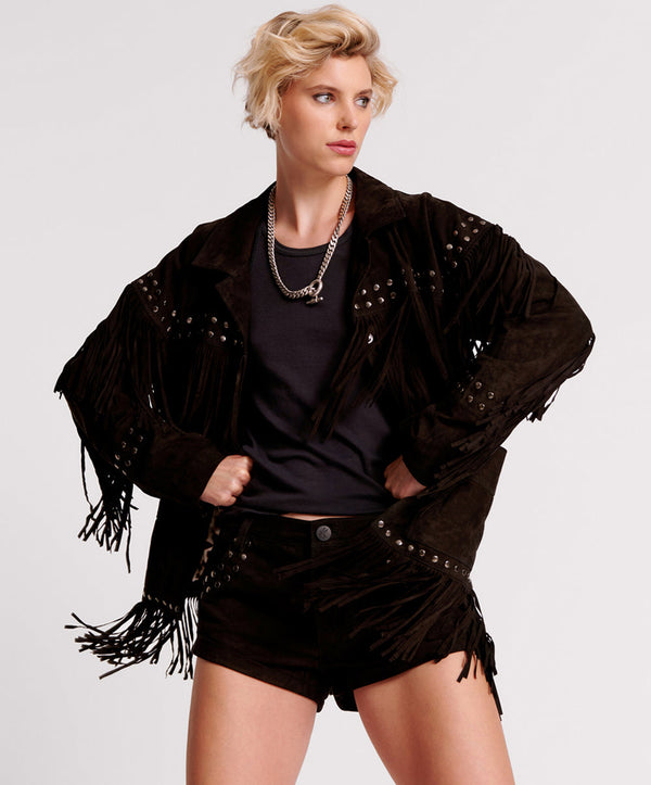 Gothic Rodeo Fringed Suede Studded Jacket - Black