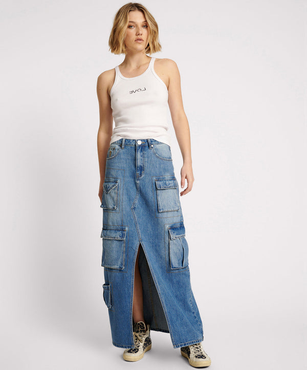 90S Cargo Pocket Column Denim Skirt - Pacifica