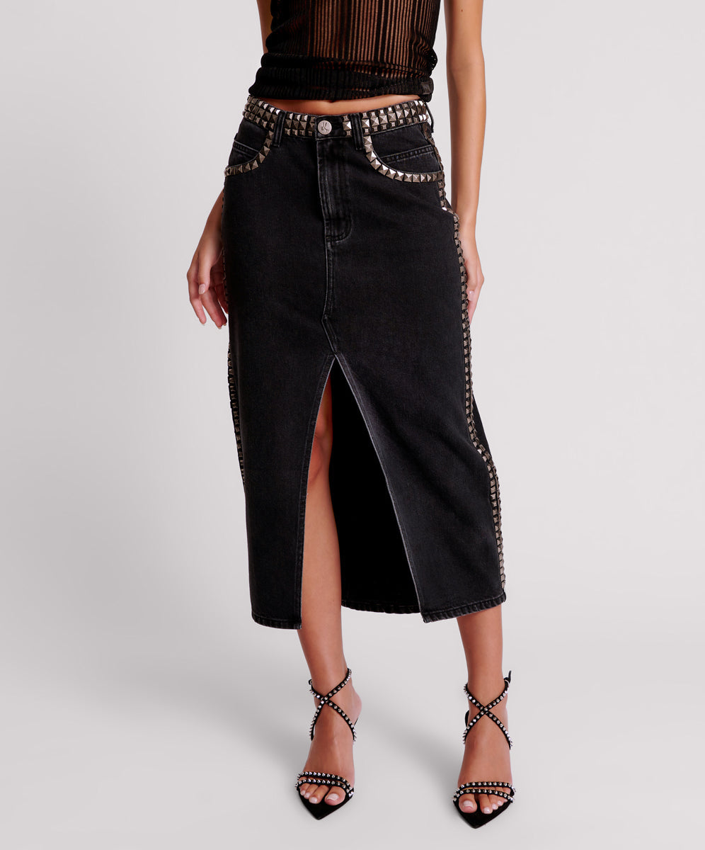 Mid length clearance black denim skirt