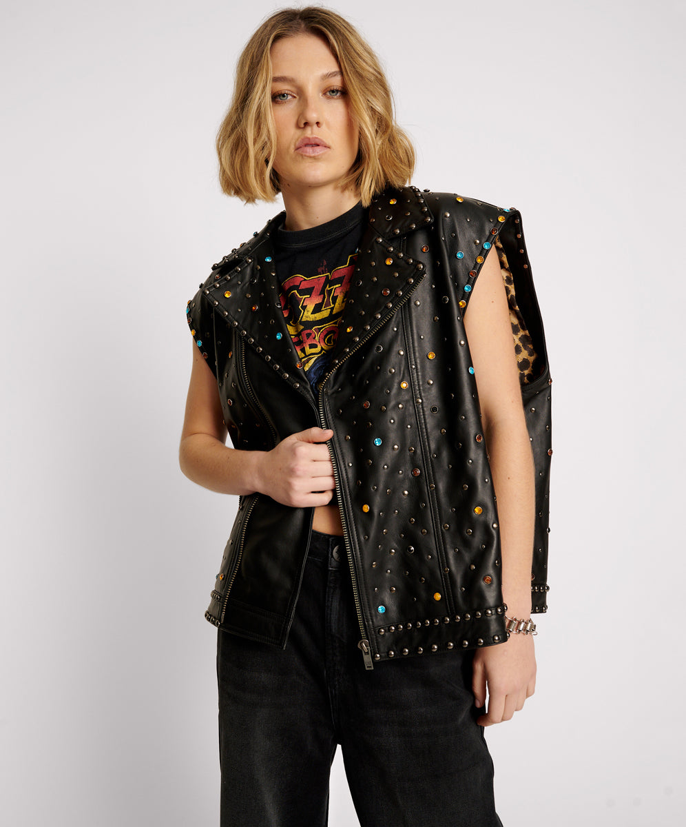 Studded Jewel Leather Eagle Punk Sleeveless Jacket Black One Teaspoon