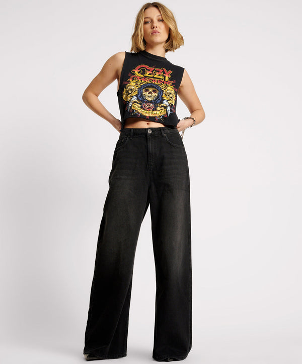 Love Machines Mid Waist Super Wide Leg Denim Jeans - Washed Black