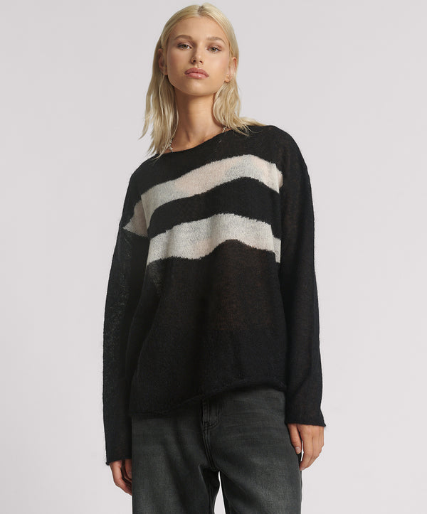 Vivianne Wide Neck Stripe Mohair Sweater - Black White