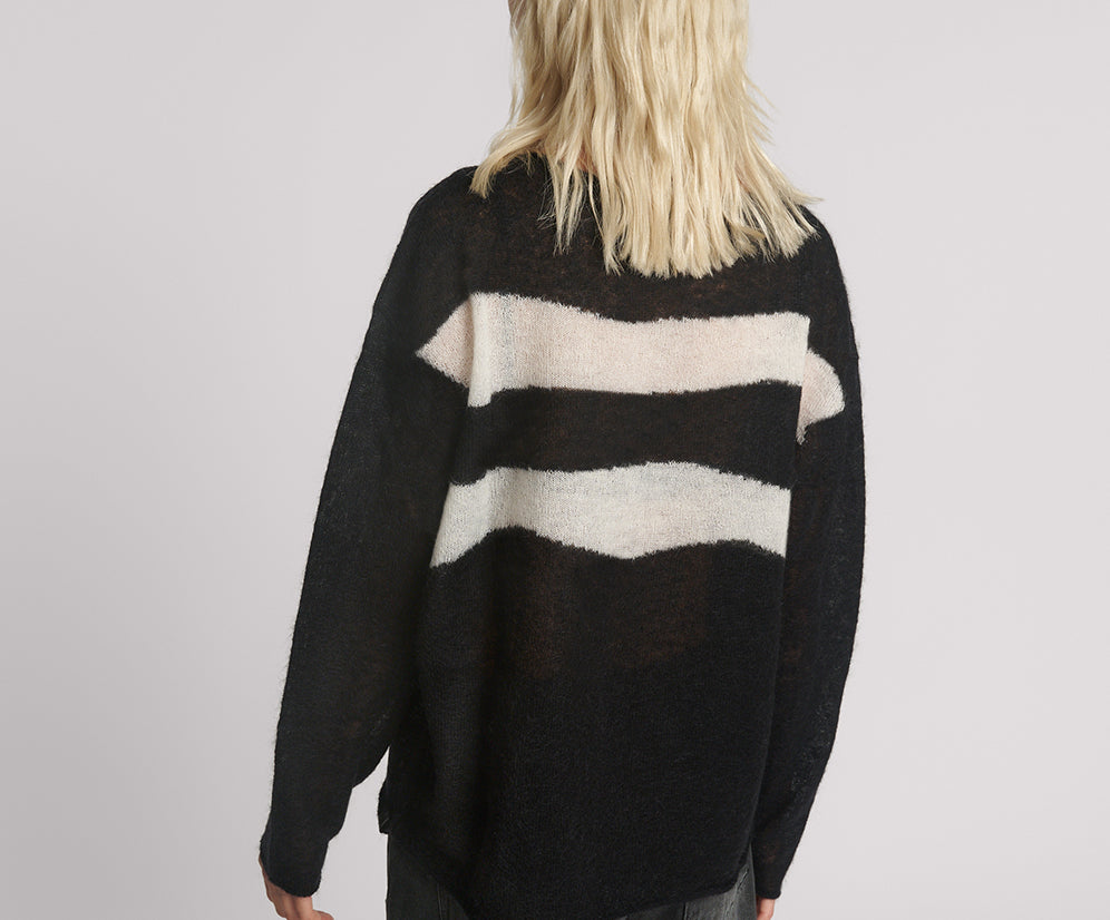 Vivianne Wide Neck Stripe Mohair Sweater - Black White