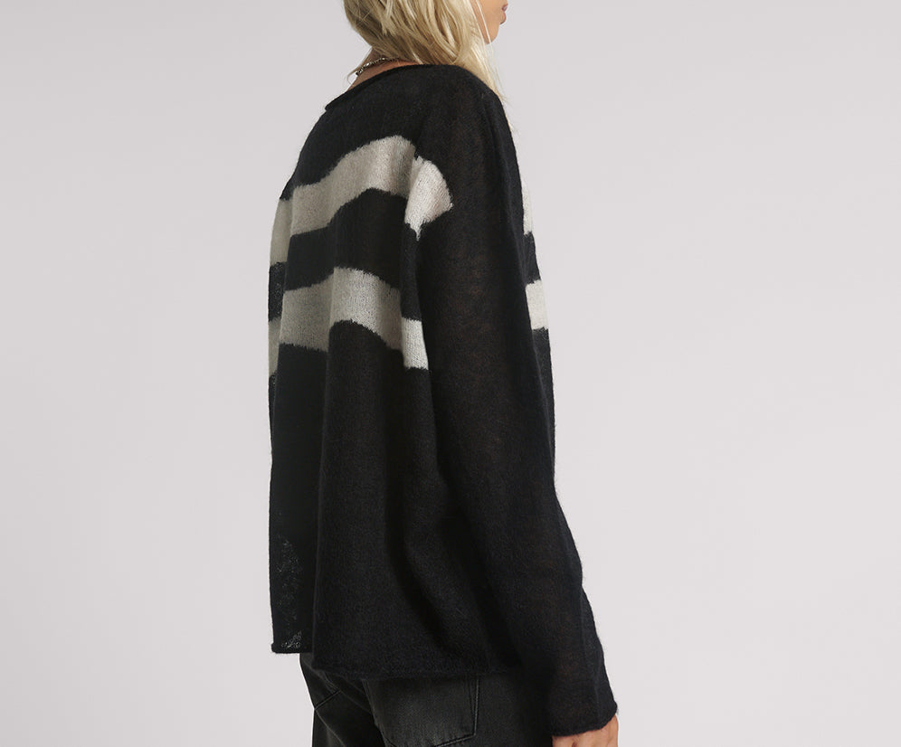 Vivianne Wide Neck Stripe Mohair Sweater - Black White