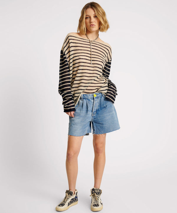 Wide Neck Striped Mohair Sweater - Ivory/Navy