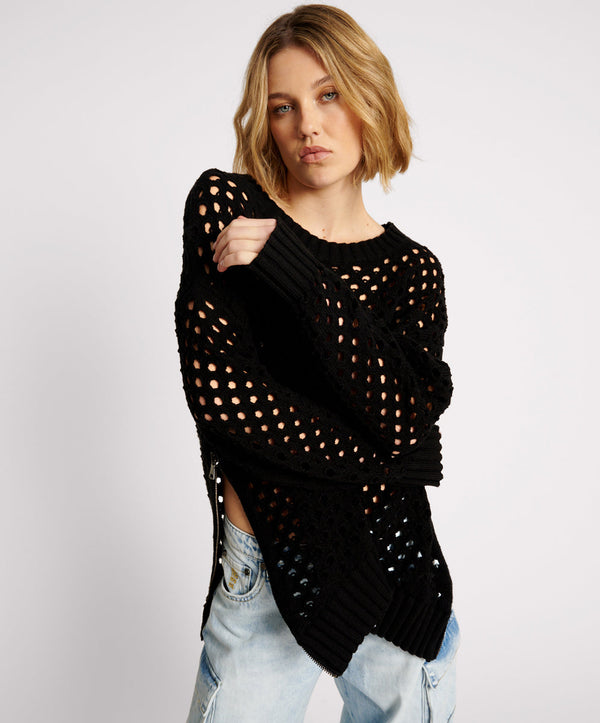 Knitted Fishnet Zip Side Sweater - Black