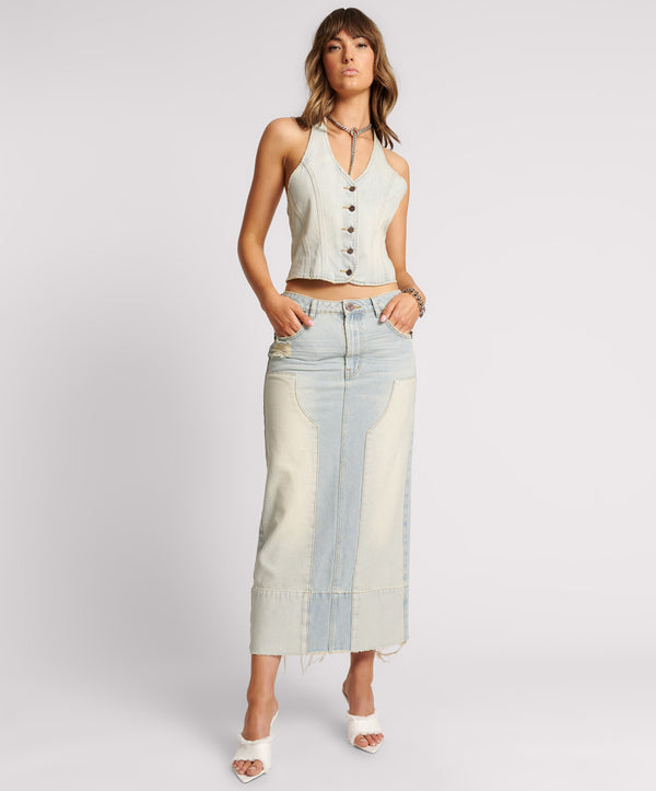 Cassidy Mid Waist Long Denim Column Denim Skirt - Old West