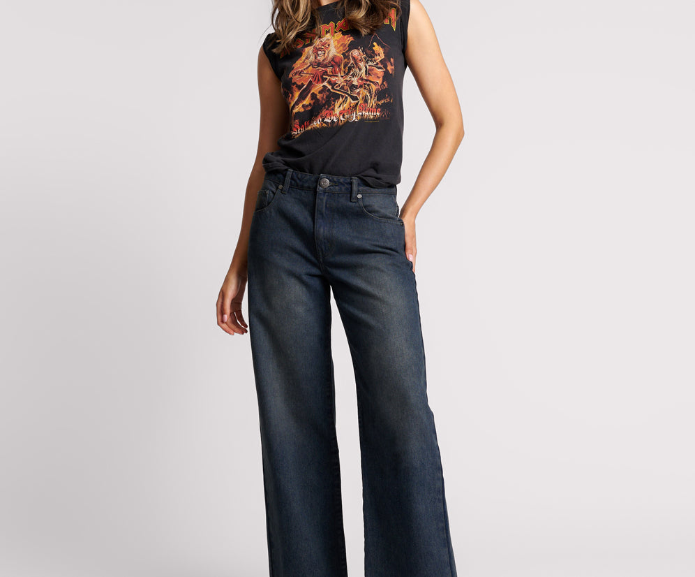 FOX BLACK JACKSONS MID WAIST WIDE LEG DENIM JEANS