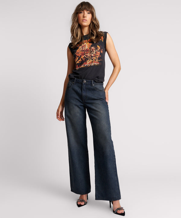 FOX BLACK JACKSONS MID WAIST WIDE LEG DENIM JEANS