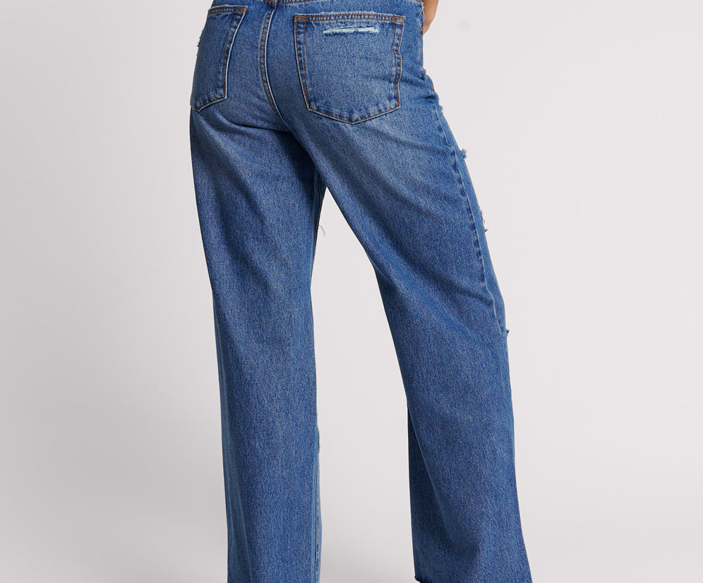 Billie Low Slung Straight Leg Mid Waist Denim Jeans - True Blue