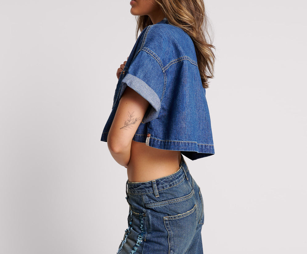 Western Cropped Denim Shirt - True Blue