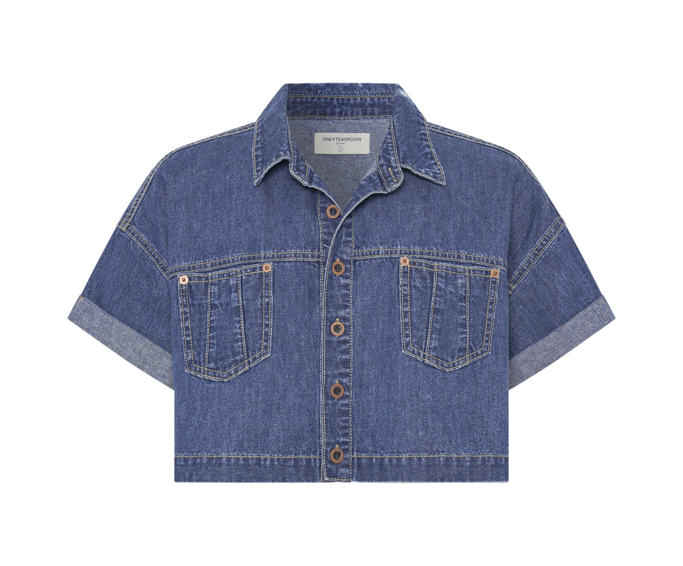 Western Cropped Denim Shirt - True Blue