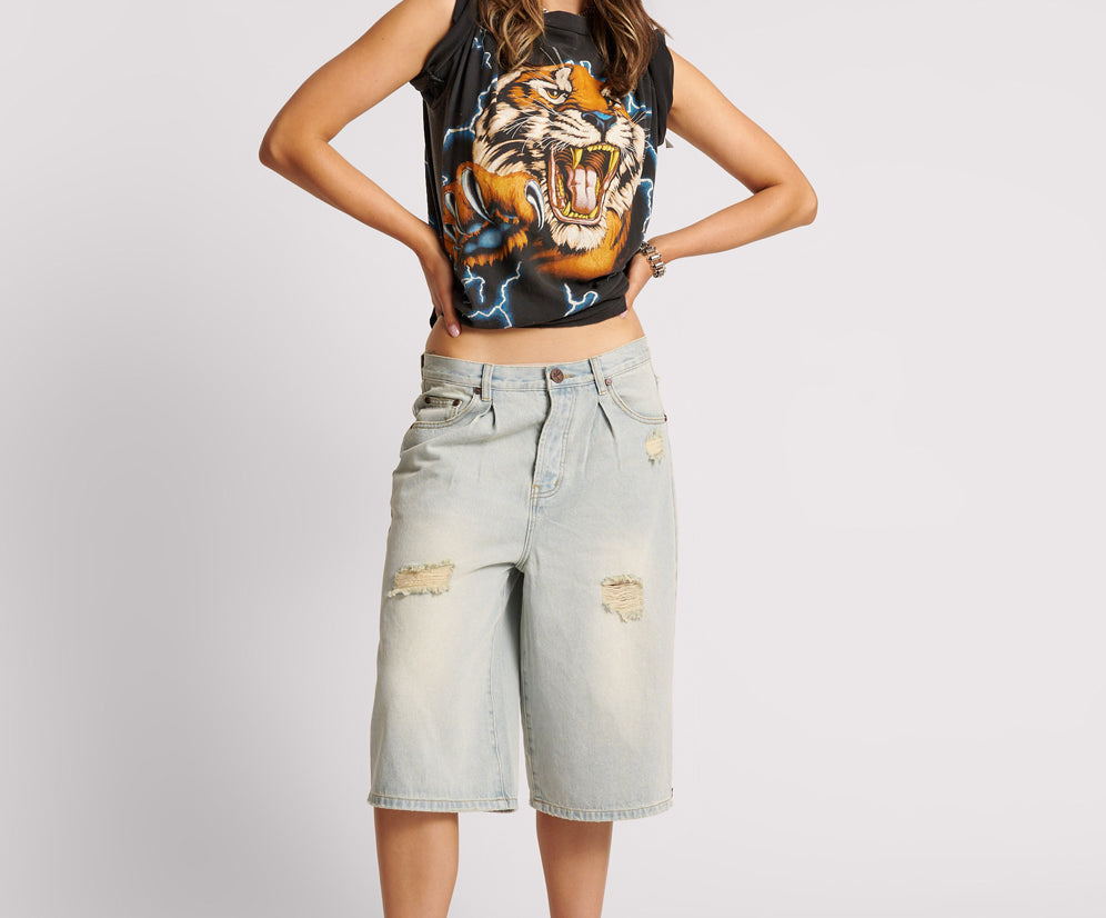 Beastie Low Waist Wide Leg Denim Shorts - Old West