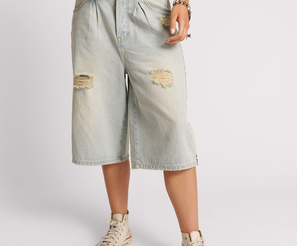 Beastie Low Waist Wide Leg Denim Shorts - Old West