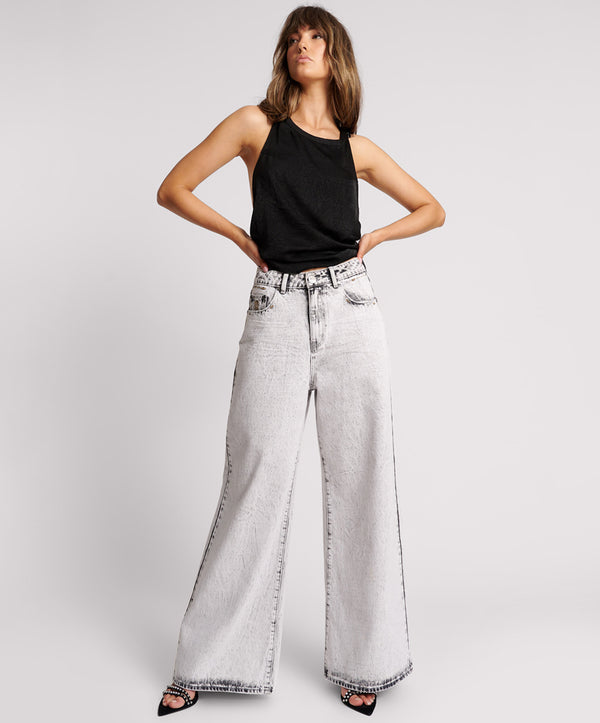 Love Machines Mid Waist Super Wide Leg Denim Jeans - Bianco