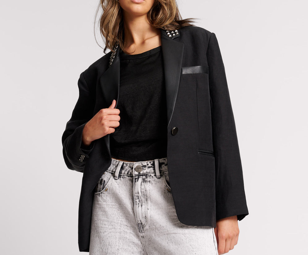 Punk Studded Linen Blazer - Black