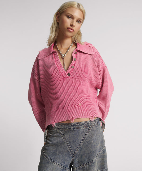 Rib College Pullover Sweater - Pink