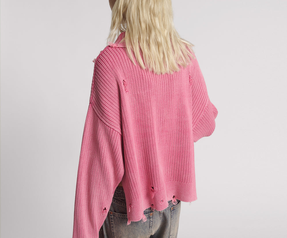 Rib College Pullover Sweater - Pink