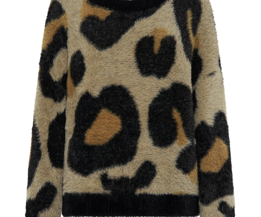 Fluffy Leopard Batwing Sweater - Tan