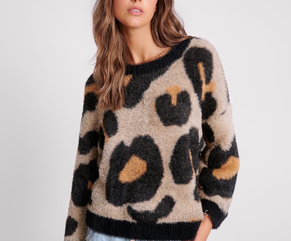 Fluffy Leopard Batwing Sweater - Tan