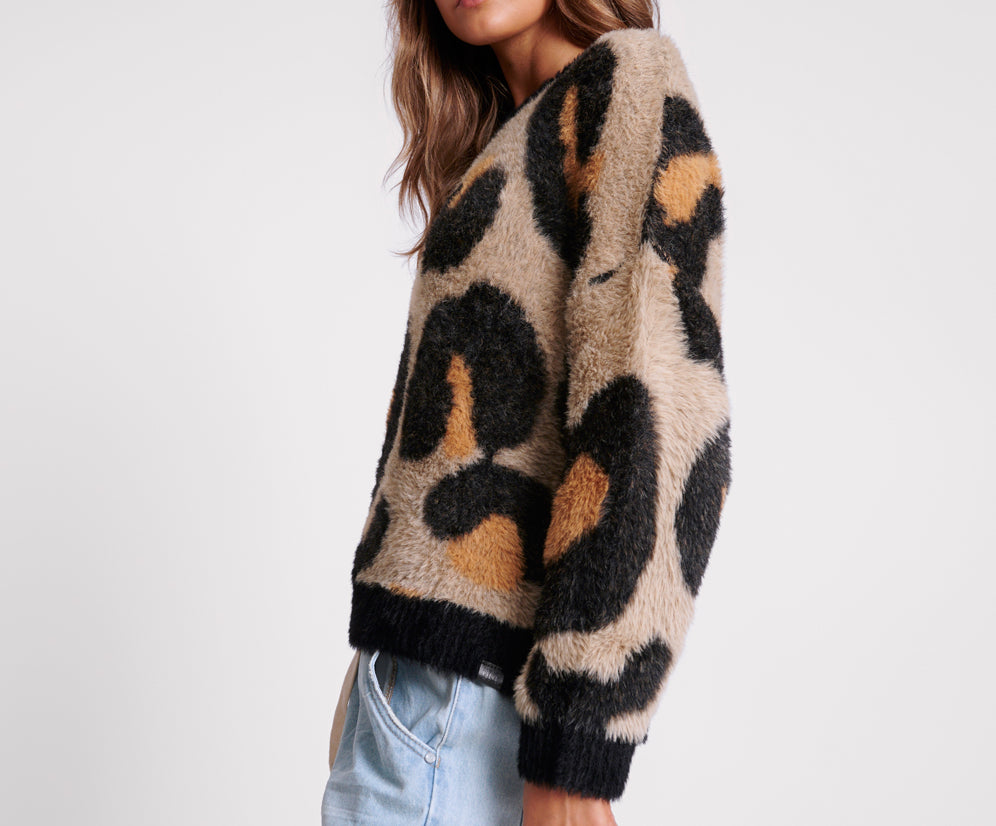 Fluffy Leopard Batwing Sweater - Tan