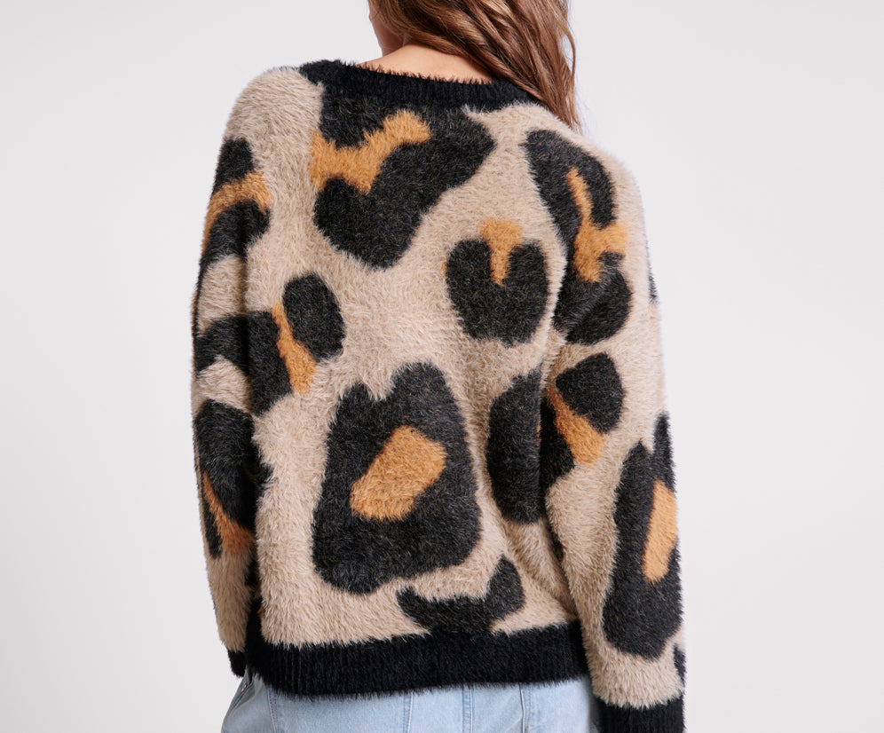 Fluffy Leopard Batwing Sweater - Tan