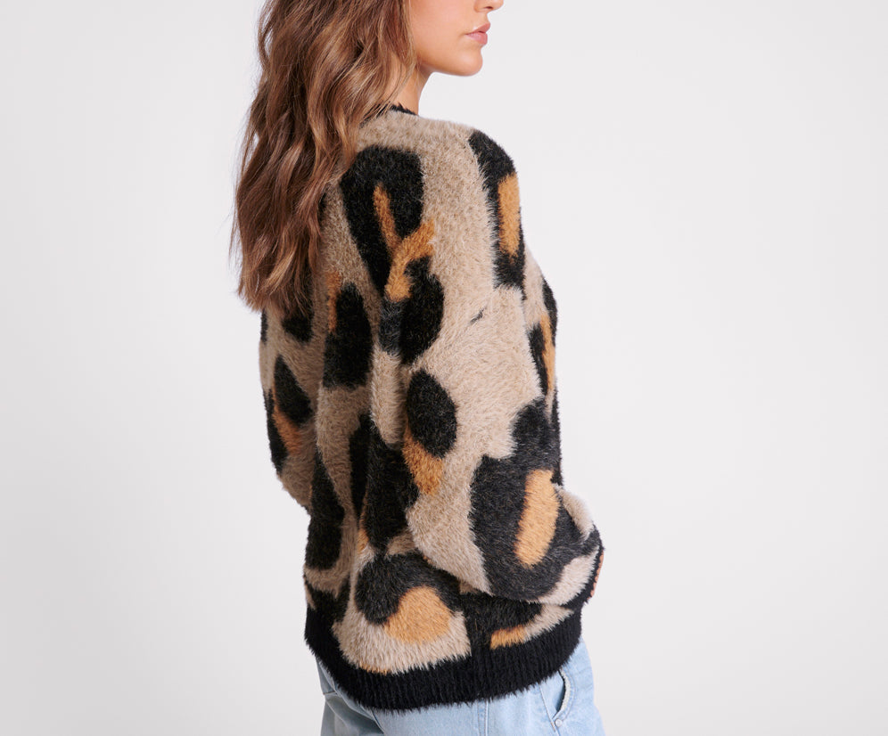 Fluffy Leopard Batwing Sweater - Tan