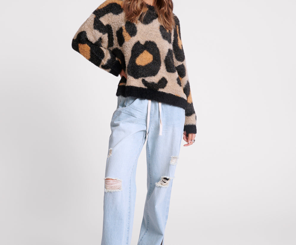 Fluffy Leopard Batwing Sweater - Tan