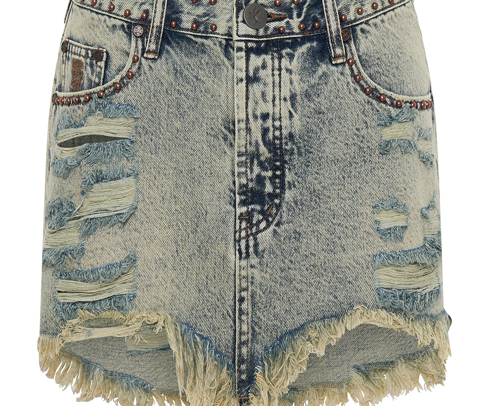 BLUE DUST STUDDED JUNKYARD LOW WAIST DENIM SKIRT