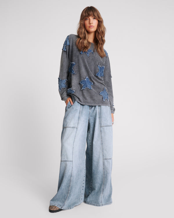 Palazzo Mid Waist Denim Jeans - Blue Blossom